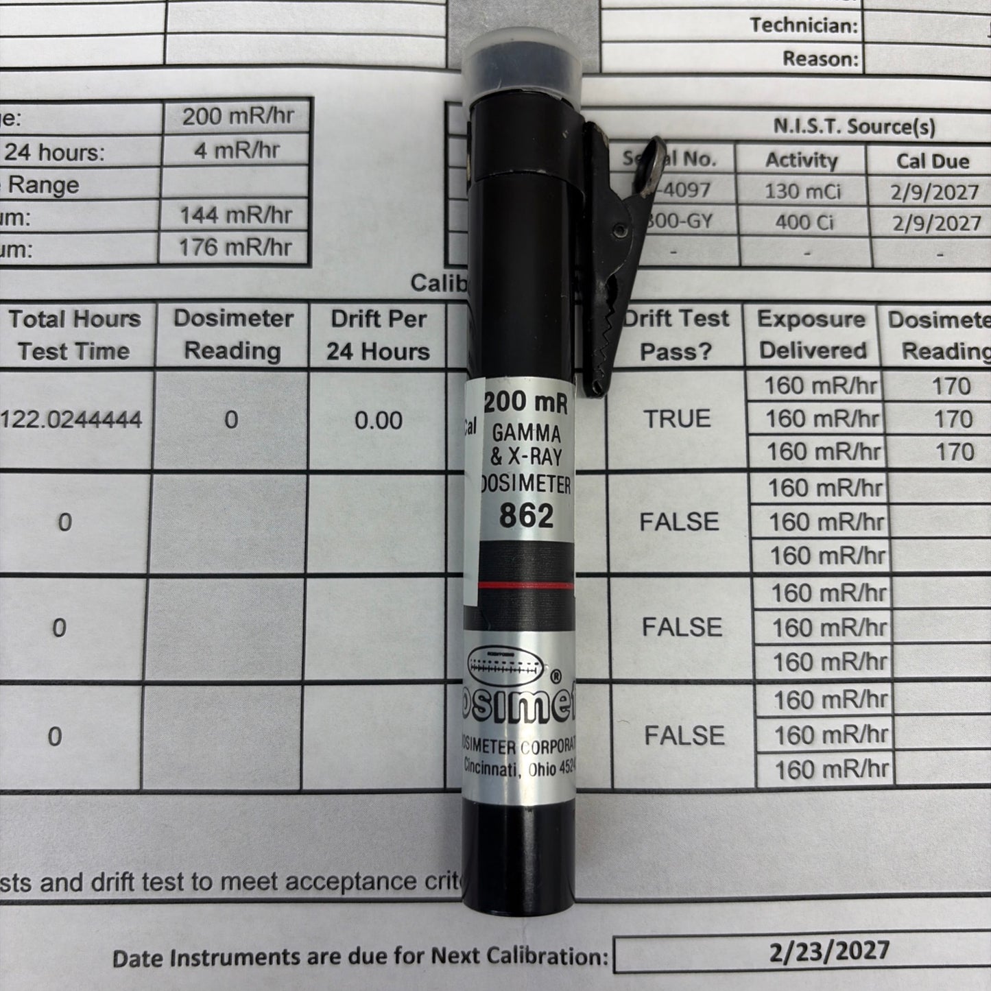 Dosimeter Corp. Pencil Dosimeter, Model 862, CALIBRATED TO 2/23/2027