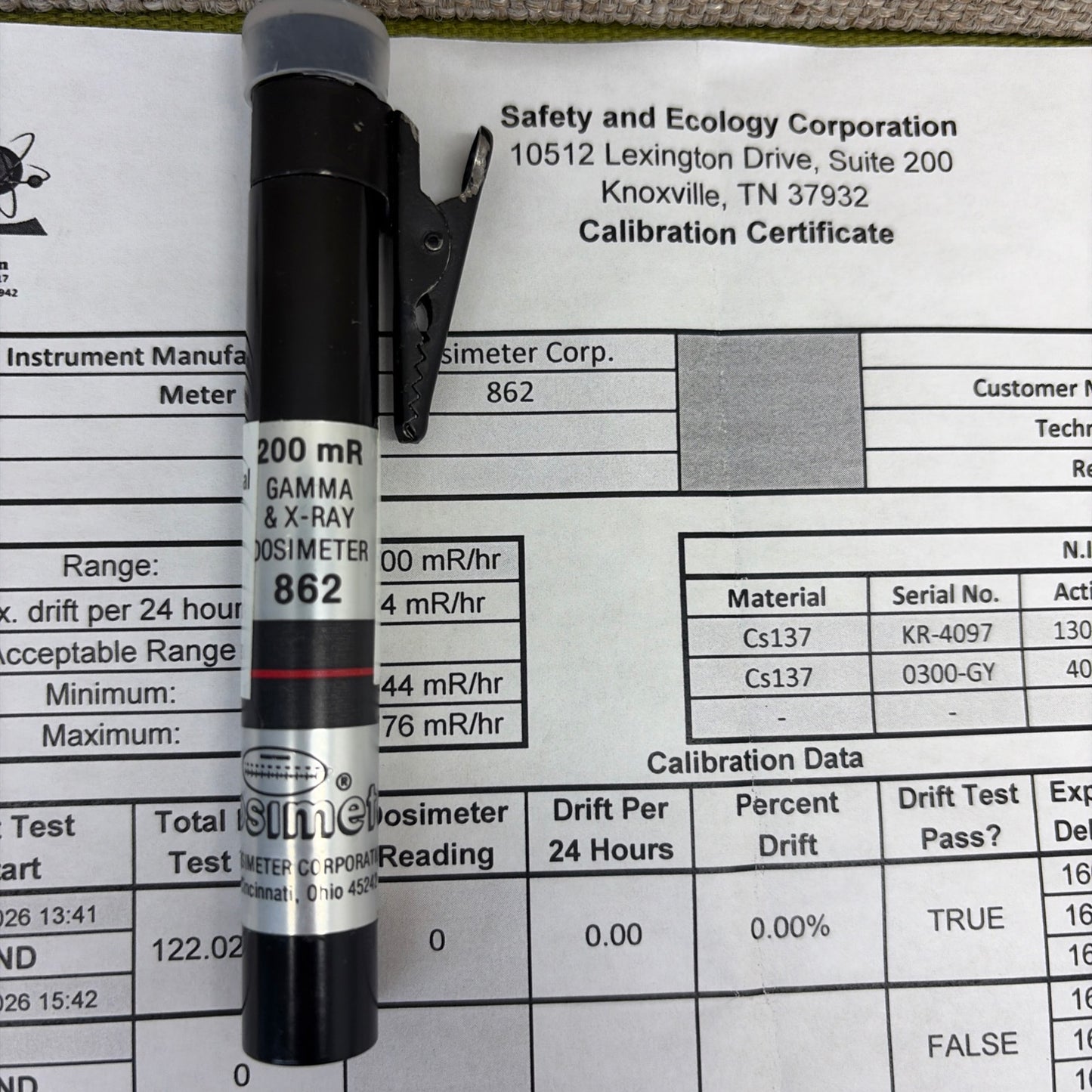 Dosimeter Corp. Pencil Dosimeter, Model 862, CALIBRATED TO 2/23/2027