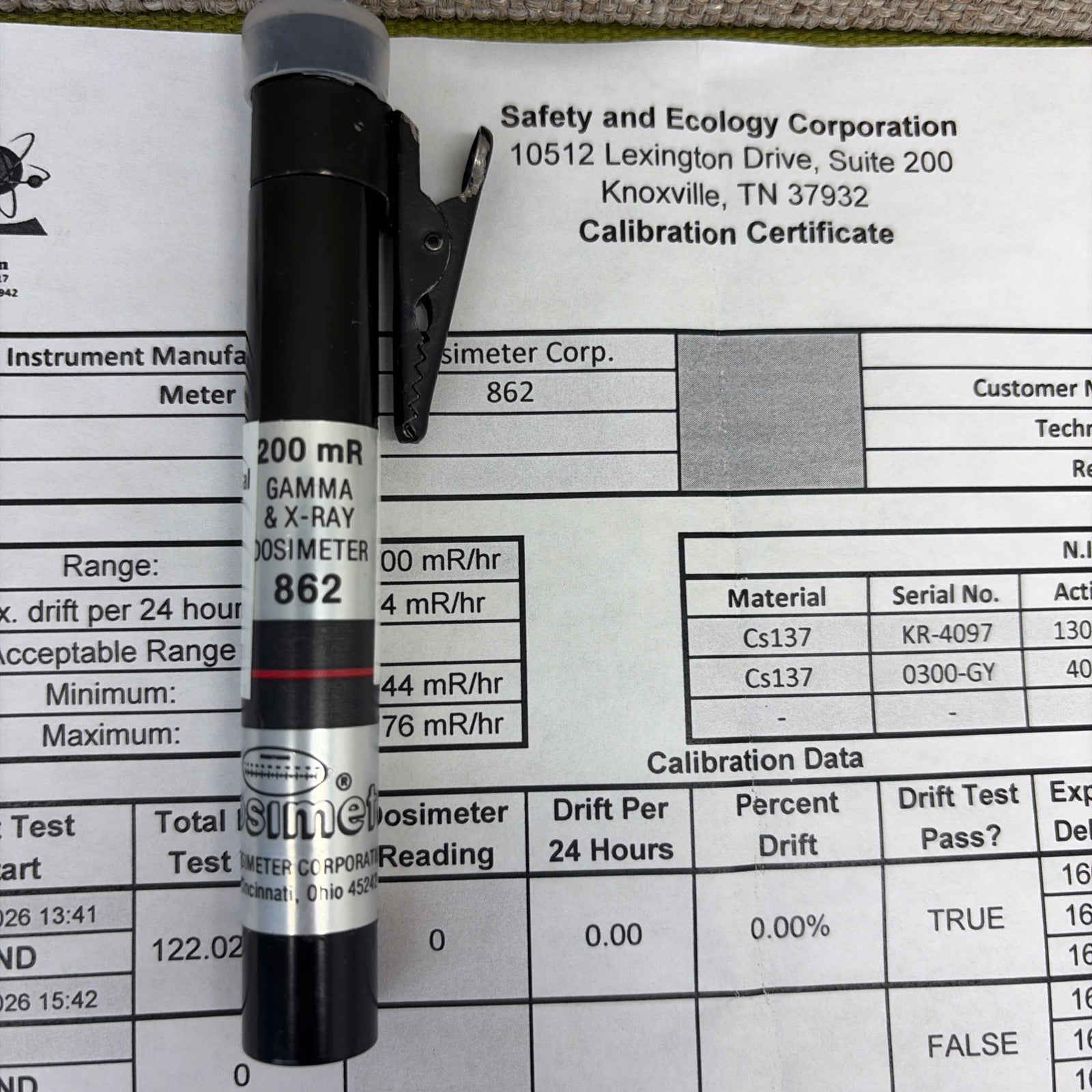 Dosimeter Corp. Pencil Dosimeter, Model 862, CALIBRATED TO 2/23/2027