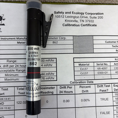 Dosimeter Corp. Pencil Dosimeter, Model 862, CALIBRATED TO 2/23/2027